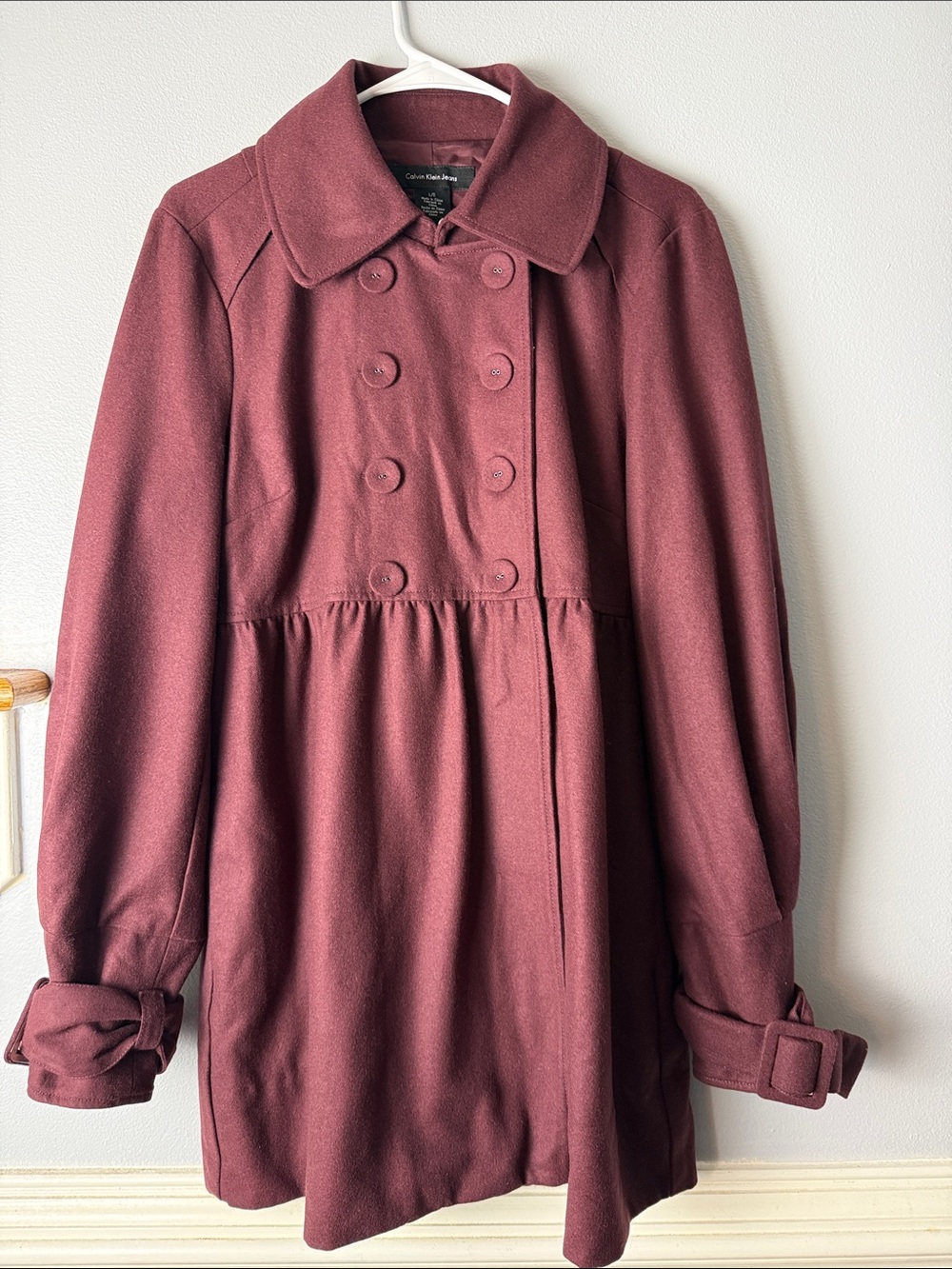 Calvin Klein Jeans Double-Breasted Wine Red Coat Wool blend